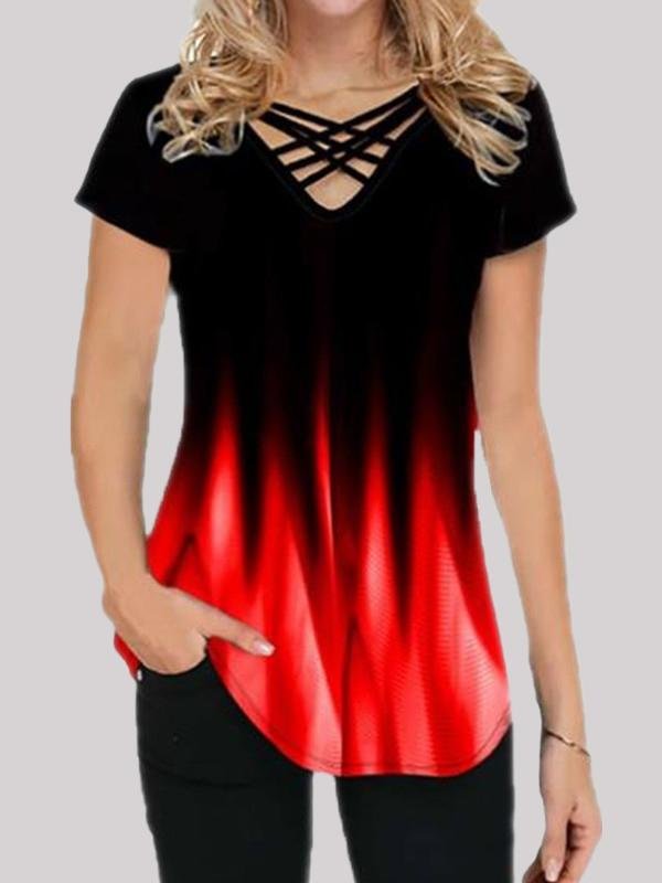 Gradient Print Casual Short-sleeved V-neck T-shirt - T-shirts - INS | Online Fashion Free Shipping Clothing, Dresses, Tops, Shoes - 01/06/2021 - Color_Green - Color_Pink