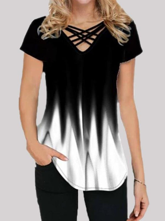 Gradient Print Casual Short-sleeved V-neck T-shirt - T-shirts - INS | Online Fashion Free Shipping Clothing, Dresses, Tops, Shoes - 01/06/2021 - Color_Green - Color_Pink