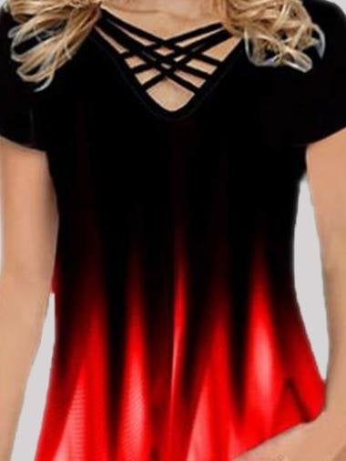 Gradient Print Casual Short-sleeved V-neck T-shirt - T-shirts - INS | Online Fashion Free Shipping Clothing, Dresses, Tops, Shoes - 01/06/2021 - Color_Green - Color_Pink