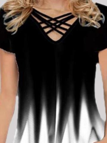 Gradient Print Casual Short-sleeved V-neck T-shirt - T-shirts - INS | Online Fashion Free Shipping Clothing, Dresses, Tops, Shoes - 01/06/2021 - Color_Green - Color_Pink