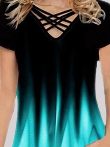 Gradient Print Casual Short-sleeved V-neck T-shirt - T-shirts - INS | Online Fashion Free Shipping Clothing, Dresses, Tops, Shoes - 01/06/2021 - Color_Green - Color_Pink