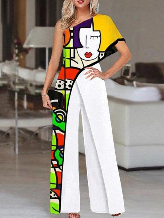 Graffiti Printed Slant Shoulder High Waist Jumpsuit - Jumpsuit & Rompers - INS | Online Fashion Free Shipping Clothing, Dresses, Tops, Shoes - 21/06/2021 - 40-50 - Bottoms