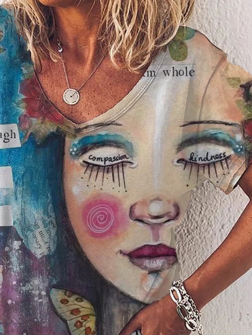 Graphic Gradient V-Neck Print Short Sleeve T-Shirt - T-Shirts - INS | Online Fashion Free Shipping Clothing, Dresses, Tops, Shoes - 01/07/2021 - 10-20 - Category_T-Shirts