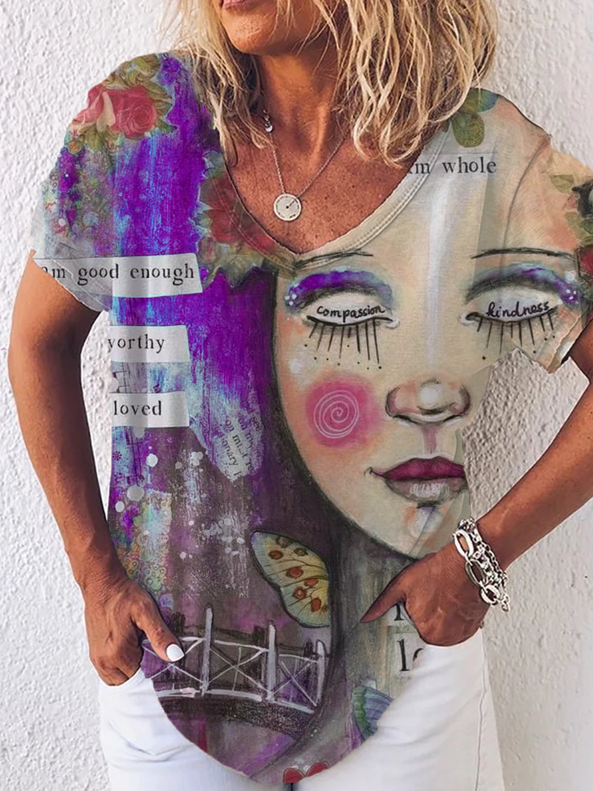 Graphic Gradient V-Neck Print Short Sleeve T-Shirt - T-Shirts - INS | Online Fashion Free Shipping Clothing, Dresses, Tops, Shoes - 01/07/2021 - 10-20 - Category_T-Shirts