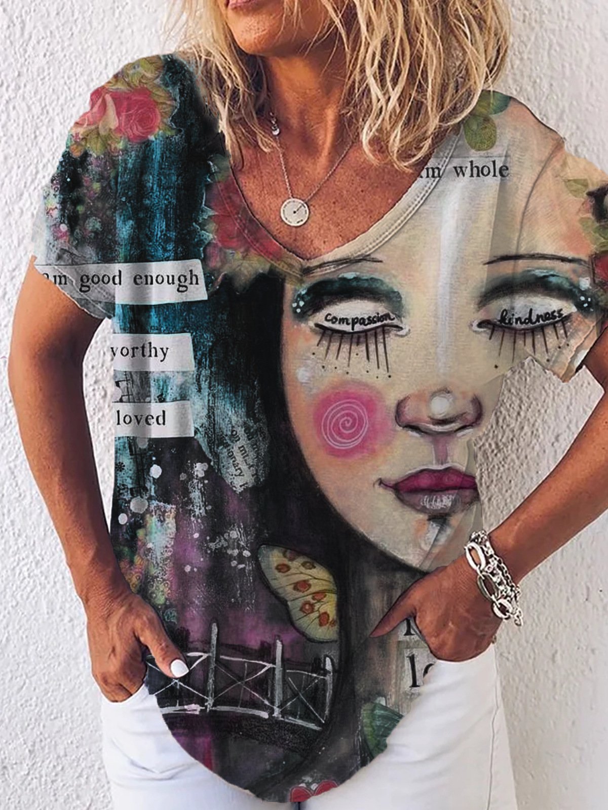 Graphic Gradient V-Neck Print Short Sleeve T-Shirt - T-Shirts - INS | Online Fashion Free Shipping Clothing, Dresses, Tops, Shoes - 01/07/2021 - 10-20 - Category_T-Shirts