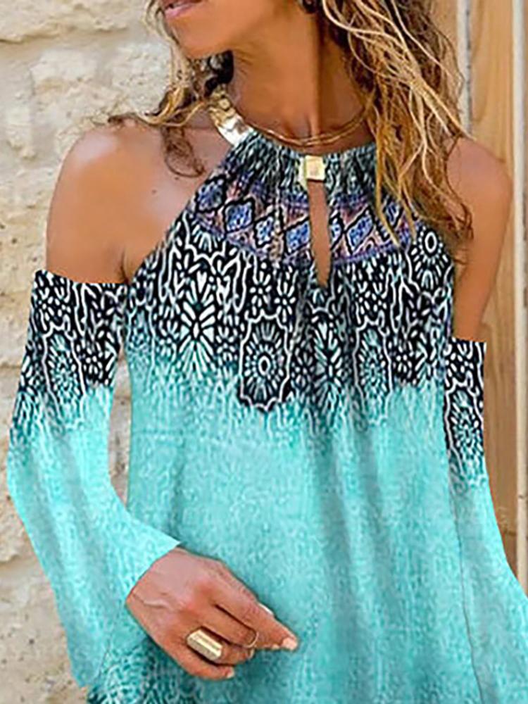 Graphic Print Colorblock Cold Shoulder Long Sleeve Dress - Mini Dresses - INS | Online Fashion Free Shipping Clothing, Dresses, Tops, Shoes - 28/04/2021 - Category_Mini Dresses - Color_Light Blue