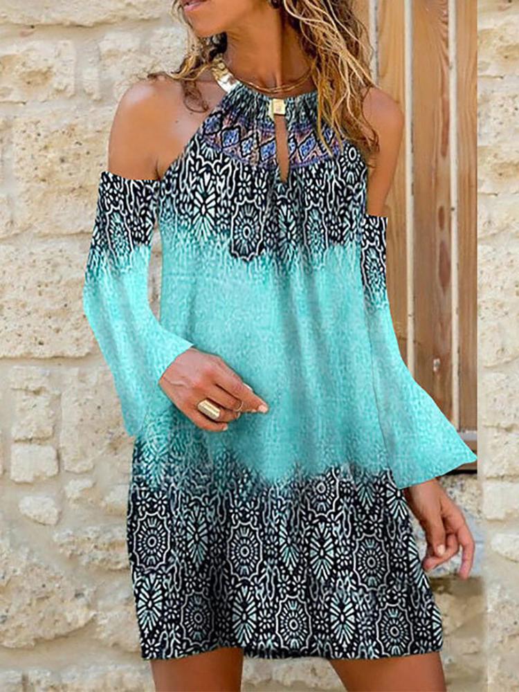 Graphic Print Colorblock Cold Shoulder Long Sleeve Dress - Mini Dresses - INS | Online Fashion Free Shipping Clothing, Dresses, Tops, Shoes - 28/04/2021 - Category_Mini Dresses - Color_Light Blue