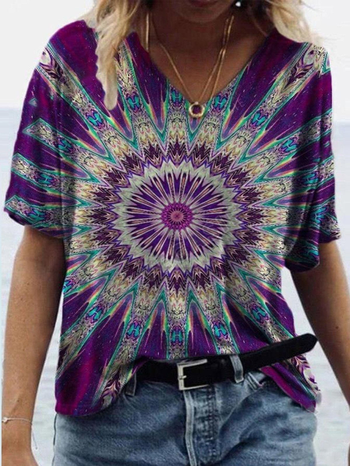 Graphic Printed V-neck Short-sleeved T-shirt - T-shirts - INS | Online Fashion Free Shipping Clothing, Dresses, Tops, Shoes - 07/06/2021 - Color_Purple - Size_2XL