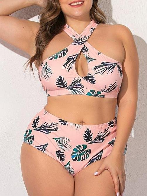 Green Leaf Cross Plus Size Split Swimsuit - Plus Swimsuits - INS | Online Fashion Free Shipping Clothing, Dresses, Tops, Shoes - 21/04/2021 - 2104V3 - Catagory_Plus Swimsuits