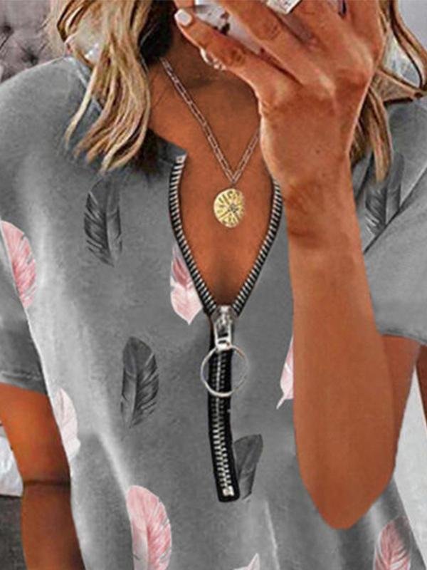 Half-open Collar Feather Print Zipped T-shirt - T-shirts - INS | Online Fashion Free Shipping Clothing, Dresses, Tops, Shoes - 31/05/2021 - Color_Gray - LXQ