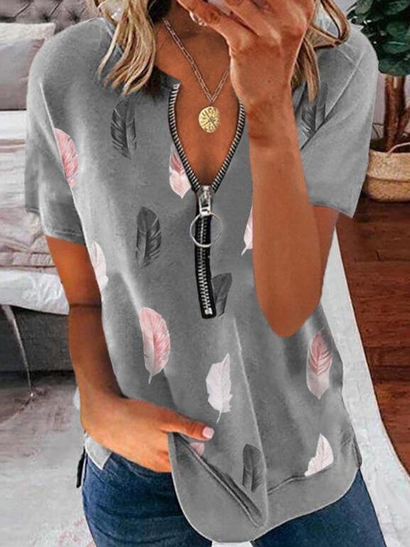 Half-open Collar Feather Print Zipped T-shirt - T-shirts - INS | Online Fashion Free Shipping Clothing, Dresses, Tops, Shoes - 31/05/2021 - Color_Gray - LXQ