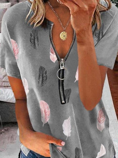 Half-open Collar Feather Print Zipped T-shirt - T-shirts - INS | Online Fashion Free Shipping Clothing, Dresses, Tops, Shoes - 31/05/2021 - Color_Gray - LXQ