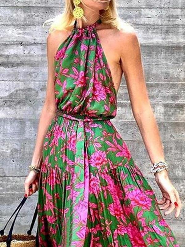 Halter Backless Off Shoulder Print Maxi Dress - Maxi Dresses - INS | Online Fashion Free Shipping Clothing, Dresses, Tops, Shoes - 19/07/2021 - 30-40 - color-green