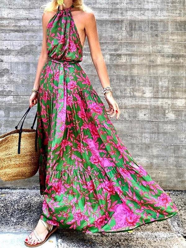 Halter Backless Off Shoulder Print Maxi Dress - Maxi Dresses - INS | Online Fashion Free Shipping Clothing, Dresses, Tops, Shoes - 19/07/2021 - 30-40 - color-green
