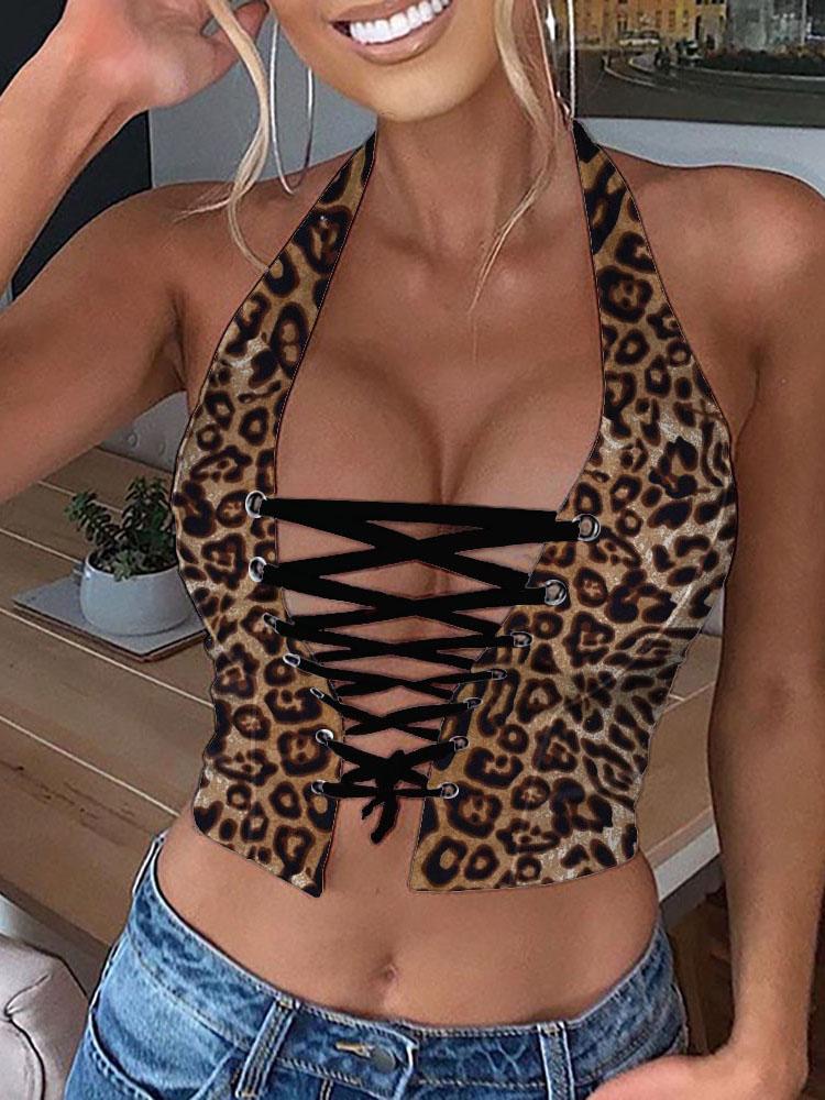 Halter Eyelet Lace-up PU Leather Crop Top - Tank Tops - INS | Online Fashion Free Shipping Clothing, Dresses, Tops, Shoes - 28/04/2021 - Color_Black - Color_Leopard