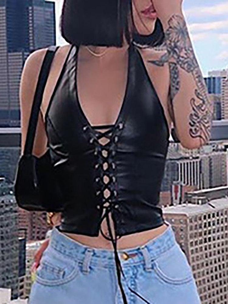 Halter Eyelet Lace-up PU Leather Crop Top - Tank Tops - INS | Online Fashion Free Shipping Clothing, Dresses, Tops, Shoes - 28/04/2021 - Color_Black - Color_Leopard