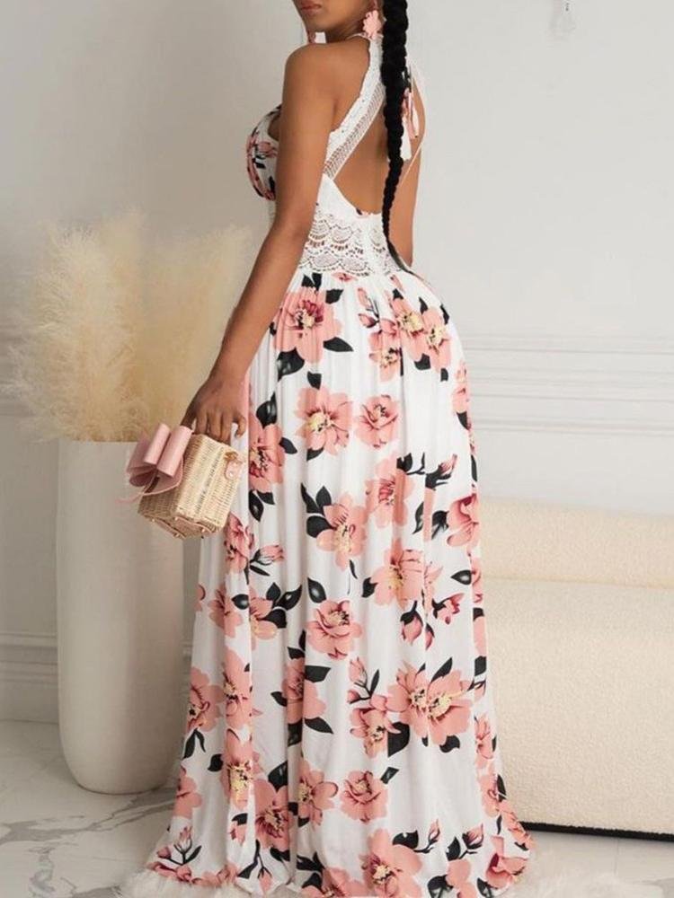 Halter Floral Print Crisscross Backless Maxi Dress - Maxi Dresses - INS | Online Fashion Free Shipping Clothing, Dresses, Tops, Shoes - 28/04/2021 - Color_Pink - DRE210428106