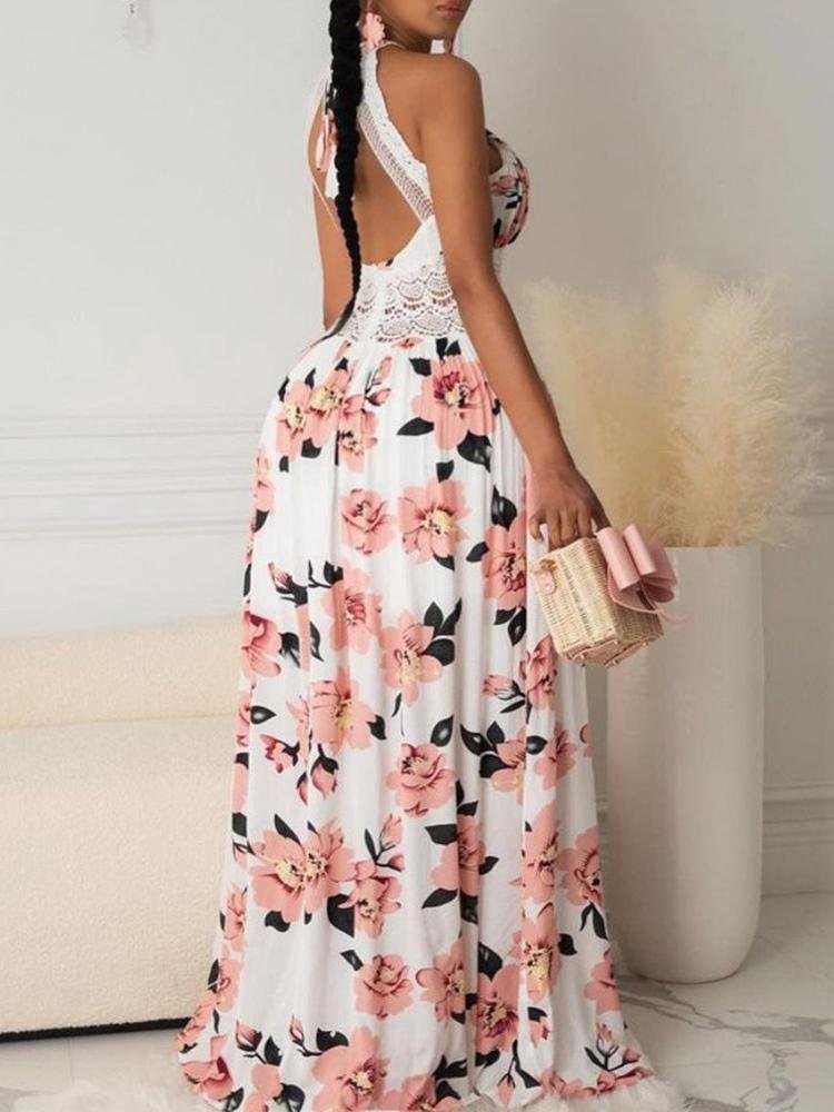 Halter Floral Print Crisscross Backless Maxi Dress - Maxi Dresses - INS | Online Fashion Free Shipping Clothing, Dresses, Tops, Shoes - 28/04/2021 - Color_Pink - DRE210428106