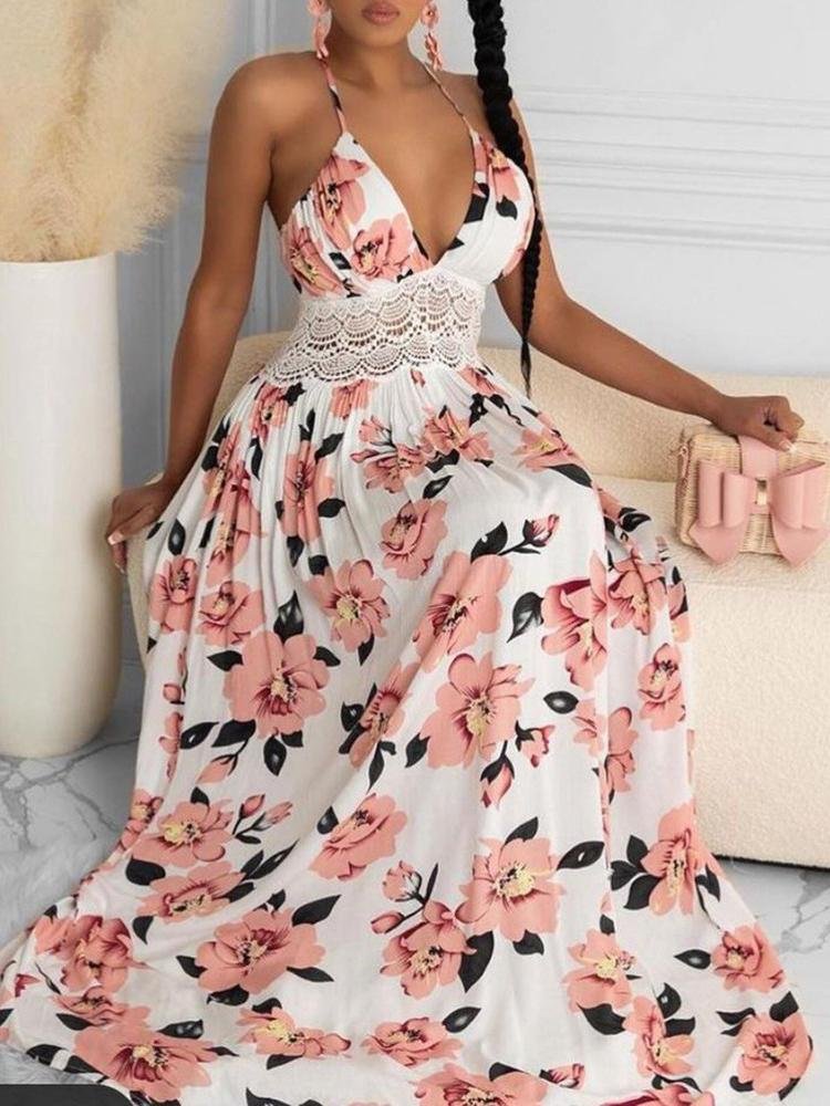 Halter Floral Print Crisscross Backless Maxi Dress - Maxi Dresses - INS | Online Fashion Free Shipping Clothing, Dresses, Tops, Shoes - 28/04/2021 - Color_Pink - DRE210428106
