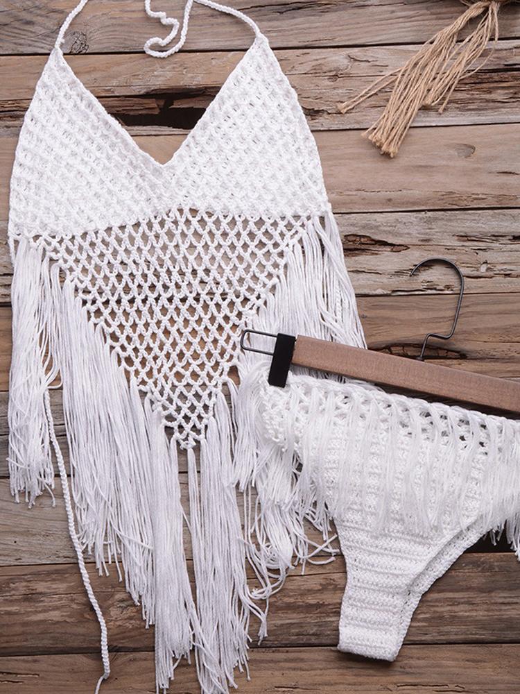 Halter Hollow Out Tassel Design Bikini Set - Bikinis - INS | Online Fashion Free Shipping Clothing, Dresses, Tops, Shoes - 27/04/2021 - BIK210427074 - Bikinis