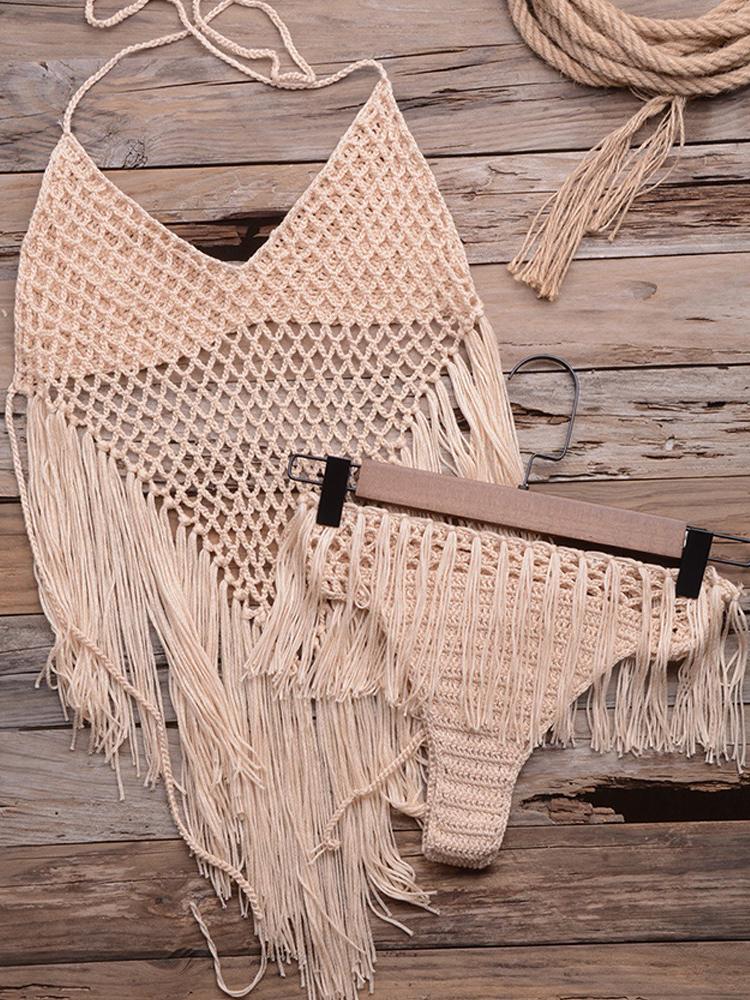 Halter Hollow Out Tassel Design Bikini Set - Bikinis - INS | Online Fashion Free Shipping Clothing, Dresses, Tops, Shoes - 27/04/2021 - BIK210427074 - Bikinis