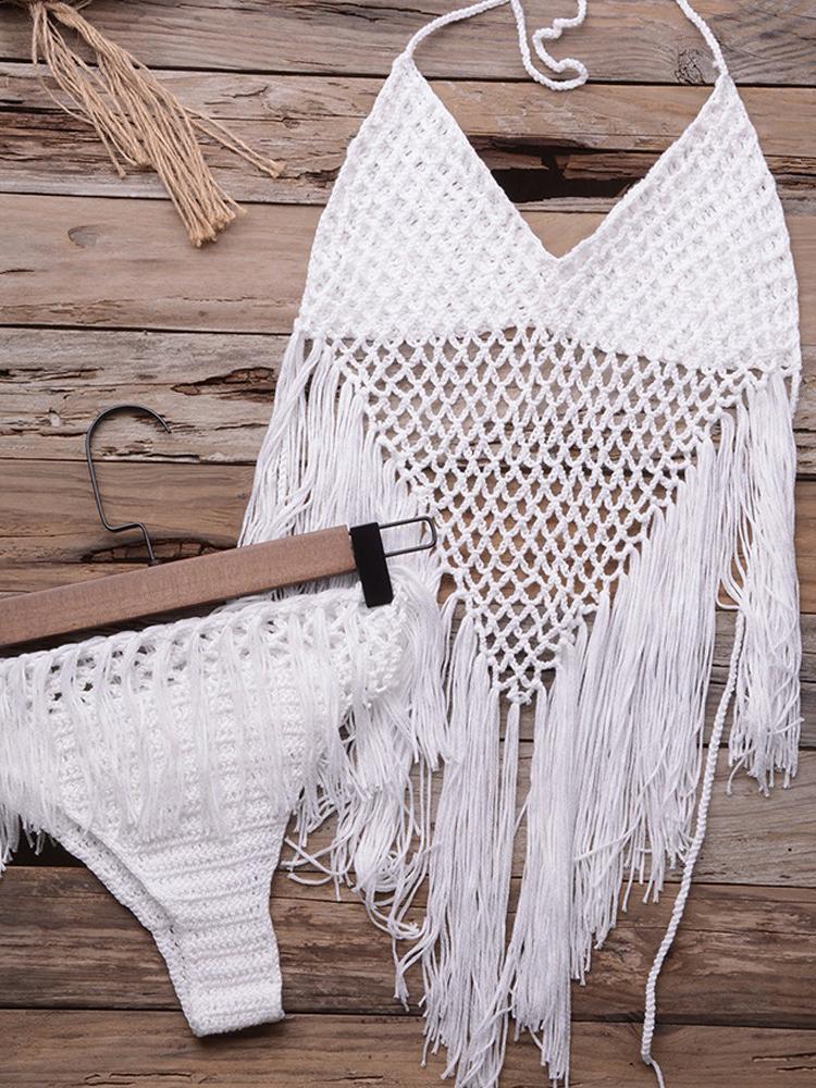 Halter Hollow Out Tassel Design Bikini Set - Bikinis - INS | Online Fashion Free Shipping Clothing, Dresses, Tops, Shoes - 27/04/2021 - BIK210427074 - Bikinis
