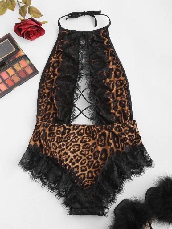 Halter Lace Trim Leopard Crisscross Cutout Teddy - INS | Online Fashion Free Shipping Clothing, Dresses, Tops, Shoes