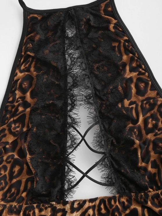 Halter Lace Trim Leopard Crisscross Cutout Teddy - INS | Online Fashion Free Shipping Clothing, Dresses, Tops, Shoes
