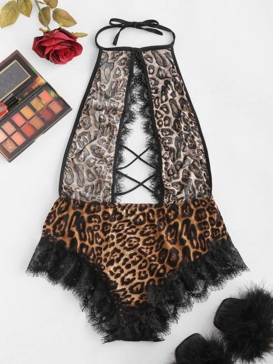 Halter Lace Trim Leopard Crisscross Cutout Teddy - INS | Online Fashion Free Shipping Clothing, Dresses, Tops, Shoes