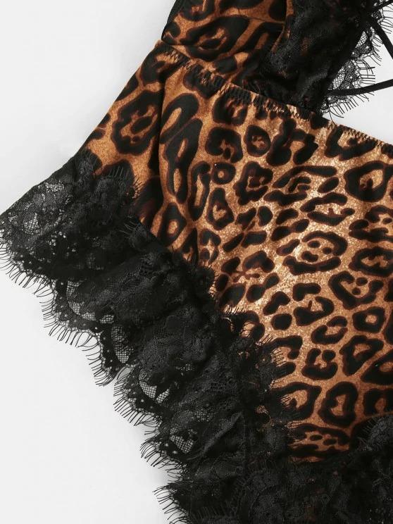 Halter Lace Trim Leopard Crisscross Cutout Teddy - INS | Online Fashion Free Shipping Clothing, Dresses, Tops, Shoes