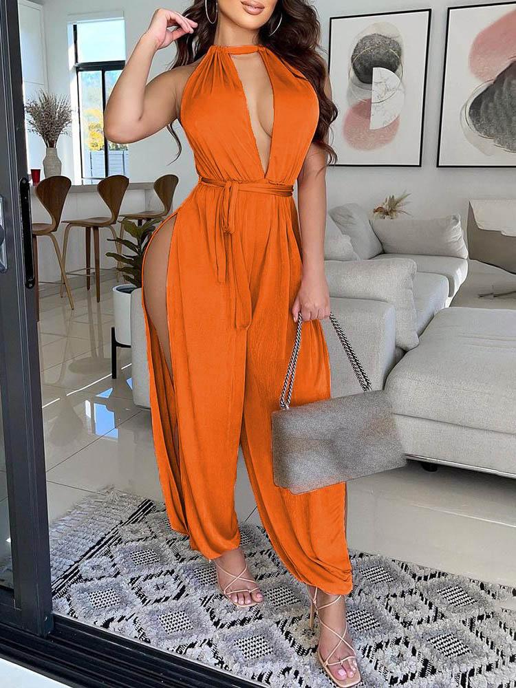 Halter Open Front High Slit Jumpsuit - Jumpsuits & Rompers - INS | Online Fashion Free Shipping Clothing, Dresses, Tops, Shoes - 30/04/2021 - Color_Orange - JUM210430064