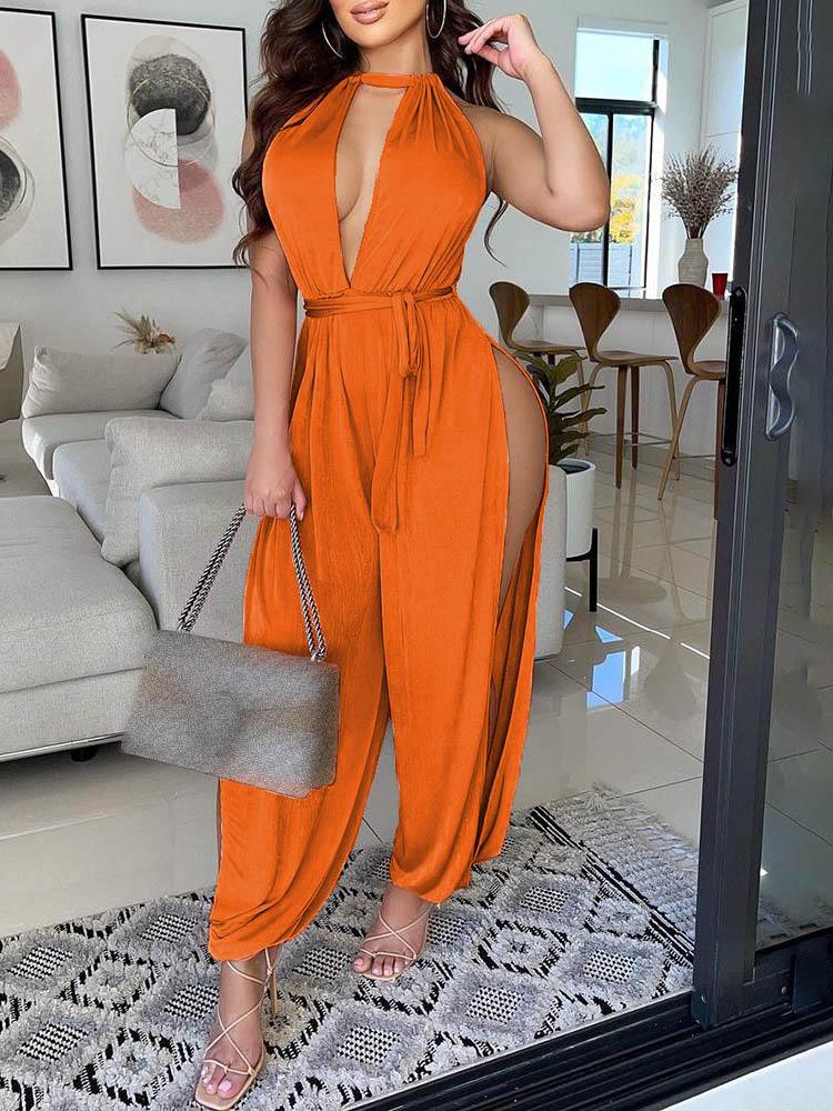 Halter Open Front High Slit Jumpsuit - Jumpsuits & Rompers - INS | Online Fashion Free Shipping Clothing, Dresses, Tops, Shoes - 30/04/2021 - Color_Orange - JUM210430064