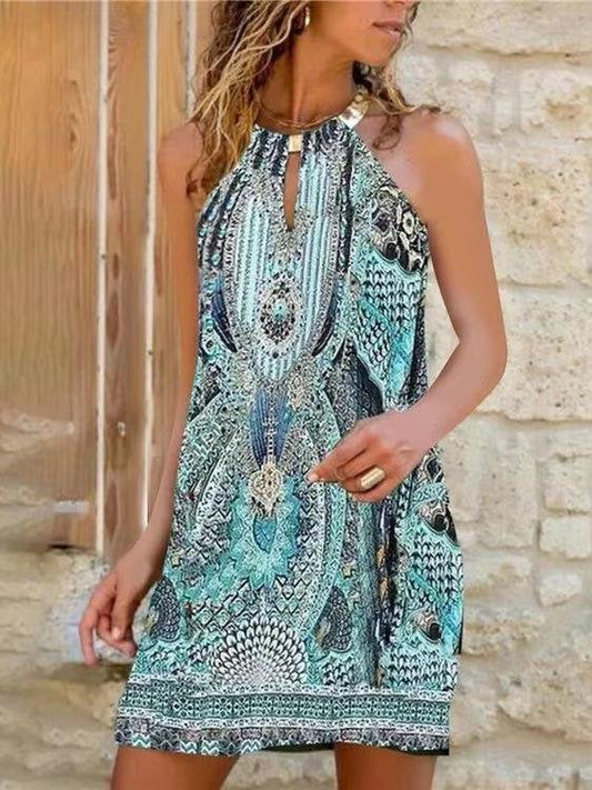 Halter Sleeveless Printed Casual Dress - Mini Dresses - INS | Online Fashion Free Shipping Clothing, Dresses, Tops, Shoes - 08/06/2021 - Category_Mini Dresses - Color_Blue