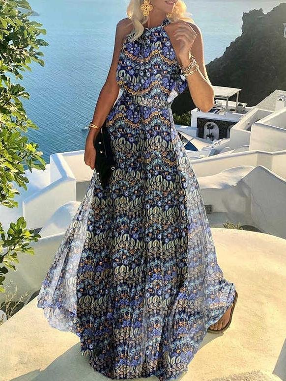 Halter Sleeveless Printed Pleated Dress - Maxi Dresses - INS | Online Fashion Free Shipping Clothing, Dresses, Tops, Shoes - 23/06/2021 - 30-40 - color-blue
