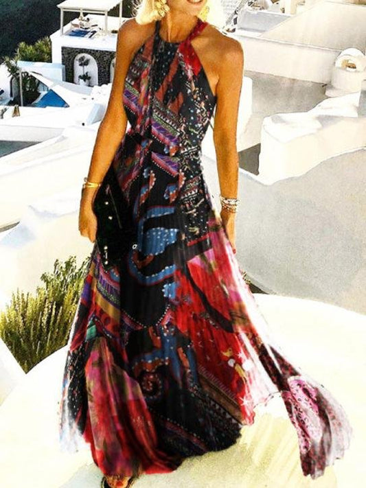 Halter Sleeveless Printed Pleated Dress - Maxi Dresses - INS | Online Fashion Free Shipping Clothing, Dresses, Tops, Shoes - 23/06/2021 - 30-40 - color-blue