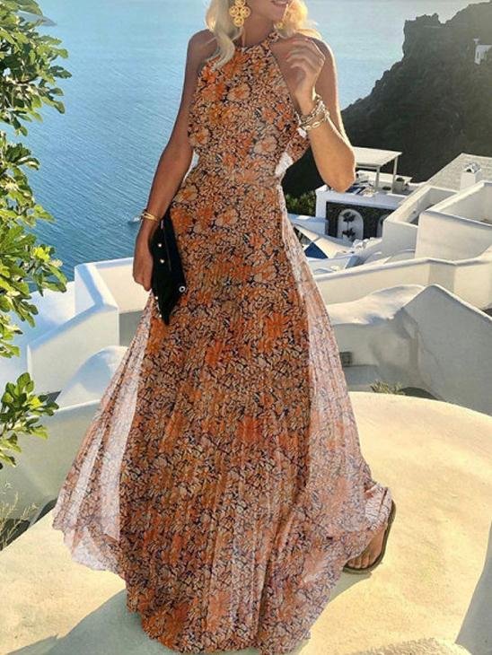 Halter Sleeveless Printed Pleated Dress - Maxi Dresses - INS | Online Fashion Free Shipping Clothing, Dresses, Tops, Shoes - 23/06/2021 - 30-40 - color-blue