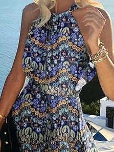 Halter Sleeveless Printed Pleated Dress - Maxi Dresses - INS | Online Fashion Free Shipping Clothing, Dresses, Tops, Shoes - 23/06/2021 - 30-40 - color-blue