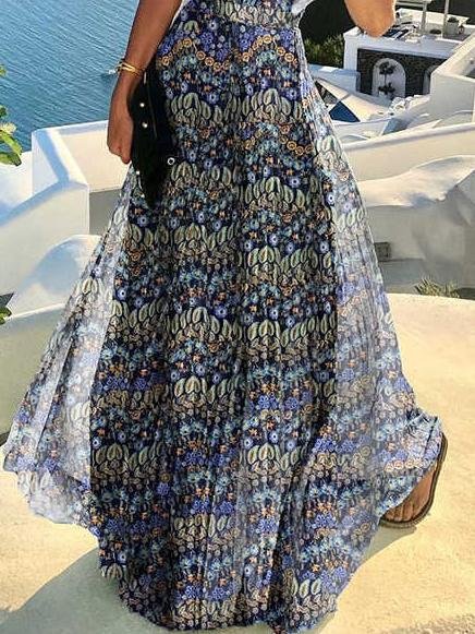 Halter Sleeveless Printed Pleated Dress - Maxi Dresses - INS | Online Fashion Free Shipping Clothing, Dresses, Tops, Shoes - 23/06/2021 - 30-40 - color-blue