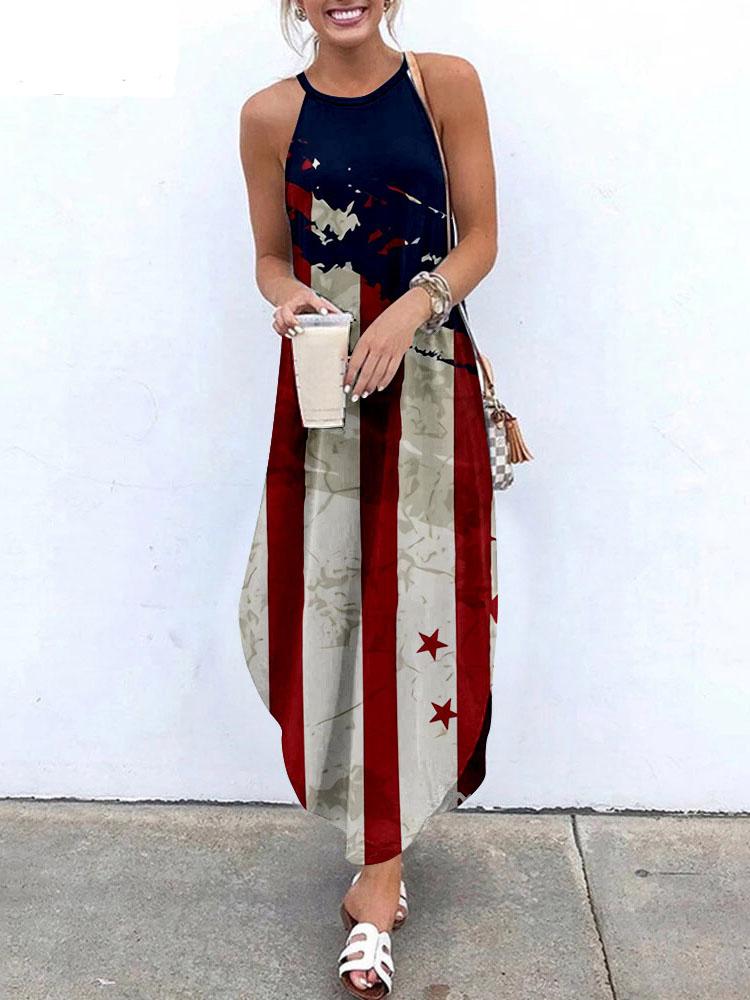 Halter Sling Irregular Slit Printed Dress - Maxi Dresses - INS | Online Fashion Free Shipping Clothing, Dresses, Tops, Shoes - 31/05/2021 - Category_Maxi Dresses - Color_Blue