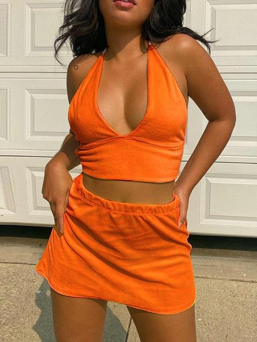 Halter Solid V-neck Lace-up Vest & Skirt Suit - Sets - INS | Online Fashion Free Shipping Clothing, Dresses, Tops, Shoes - 10-20 - 24/06/2021 - Bottoms