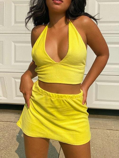 Halter Solid V-neck Lace-up Vest & Skirt Suit - Sets - INS | Online Fashion Free Shipping Clothing, Dresses, Tops, Shoes - 10-20 - 24/06/2021 - Bottoms