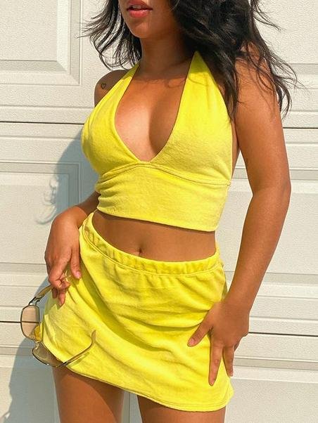 Halter Solid V-neck Lace-up Vest & Skirt Suit - Sets - INS | Online Fashion Free Shipping Clothing, Dresses, Tops, Shoes - 10-20 - 24/06/2021 - Bottoms