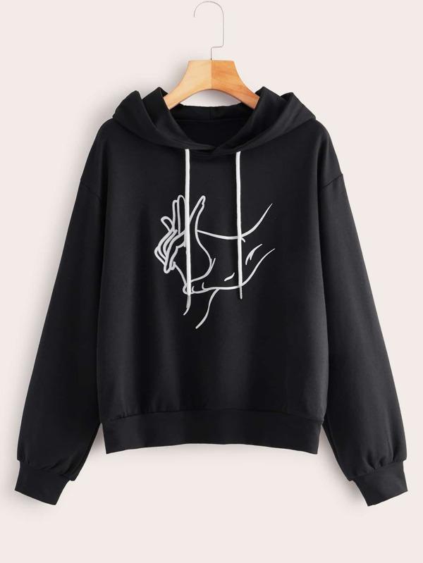 Hands Print Drop Shoulder Drawstring Hoodie - INS | Online Fashion Free Shipping Clothing, Dresses, Tops, Shoes