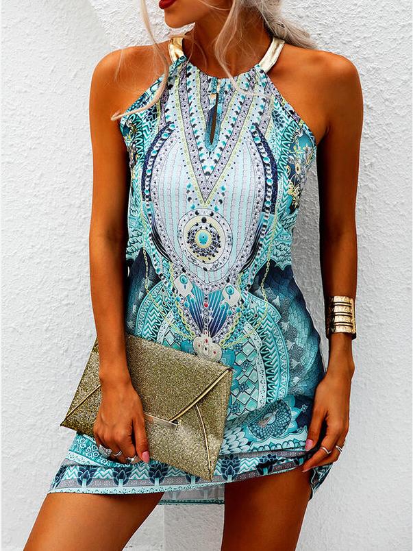 Hanging Neck Leaky Shoulder V-neck Printed Dress - Mini Dresses - INS | Online Fashion Free Shipping Clothing, Dresses, Tops, Shoes - 10/06/2021 - Category_Mini Dresses - Color_Blue