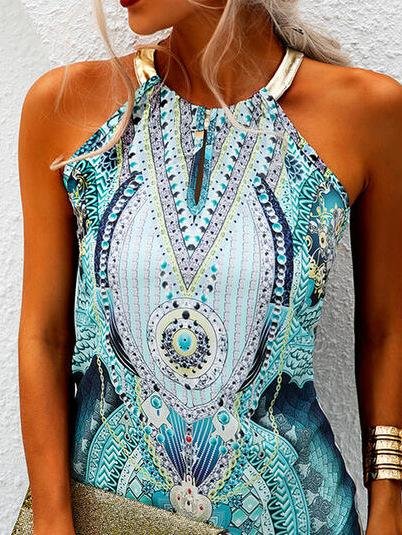 Hanging Neck Leaky Shoulder V-neck Printed Dress - Mini Dresses - INS | Online Fashion Free Shipping Clothing, Dresses, Tops, Shoes - 10/06/2021 - Category_Mini Dresses - Color_Blue