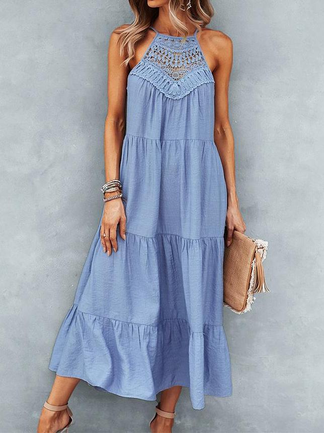 Hanging Neck Solid Color Stitching Big Swing Dress - Midi Dresses - INS | Online Fashion Free Shipping Clothing, Dresses, Tops, Shoes - 05/17/2021 - Category_Midi Dresses - Color_Army Green