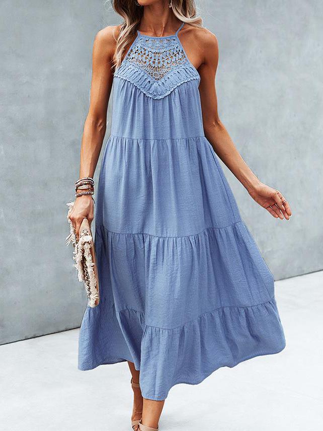 Hanging Neck Solid Color Stitching Big Swing Dress - Midi Dresses - INS | Online Fashion Free Shipping Clothing, Dresses, Tops, Shoes - 05/17/2021 - Category_Midi Dresses - Color_Army Green