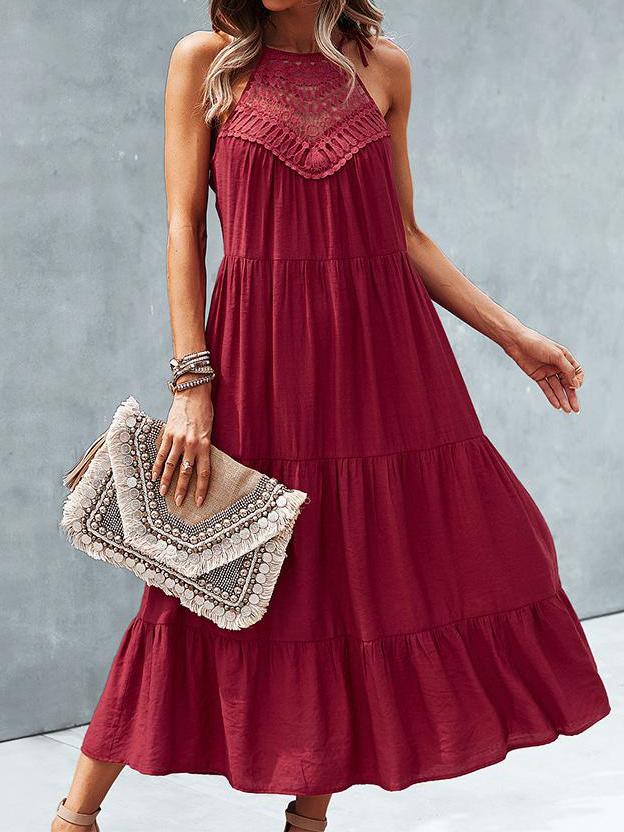 Hanging Neck Solid Color Stitching Big Swing Dress - Midi Dresses - INS | Online Fashion Free Shipping Clothing, Dresses, Tops, Shoes - 05/17/2021 - Category_Midi Dresses - Color_Army Green