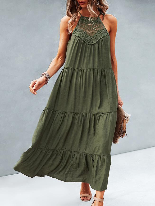 Hanging Neck Solid Color Stitching Big Swing Dress - Midi Dresses - INS | Online Fashion Free Shipping Clothing, Dresses, Tops, Shoes - 05/17/2021 - Category_Midi Dresses - Color_Army Green