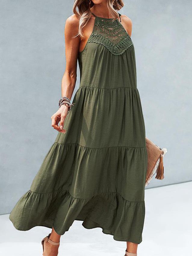 Hanging Neck Solid Color Stitching Big Swing Dress - Midi Dresses - INS | Online Fashion Free Shipping Clothing, Dresses, Tops, Shoes - 05/17/2021 - Category_Midi Dresses - Color_Army Green